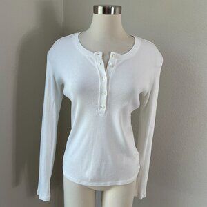 Theory Womens Large White Long Sleeve Henley Shirt Ribbed Stretch Top